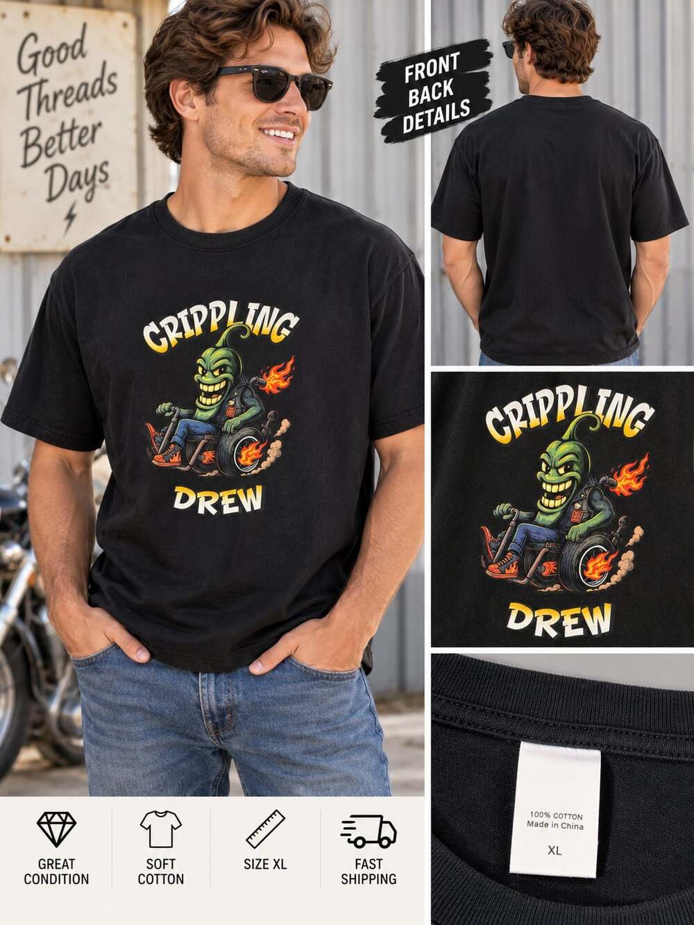 DisabiliTEES Crippling Drew Size XL Black Graphic T-Shirt
